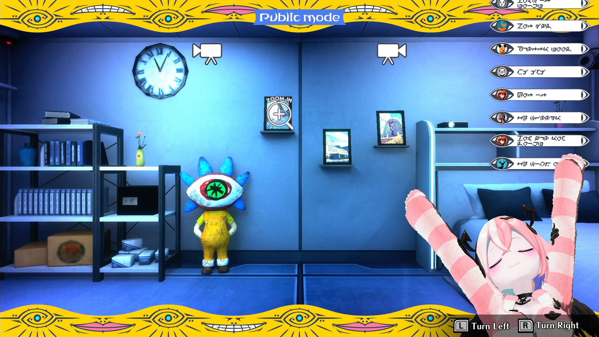 A character makes a big stretch while a weird figurine with a big eye stands in an office space.